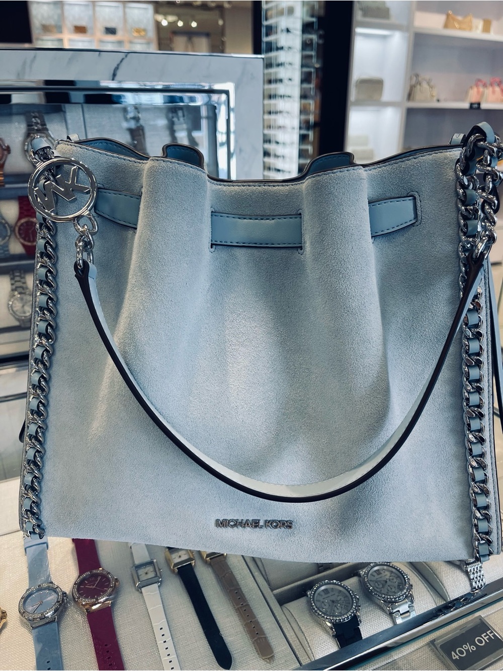 Michael Kors Mina Large Suede Chain Shoulder Bag Pale Ocean Blue Leather NWT - Picture 6 of 16